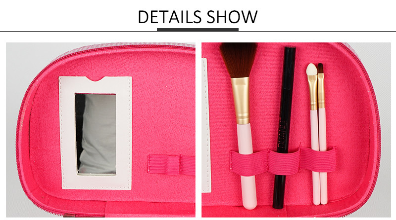Pink PU Leather Makeup Cosmetic Case With Mirror