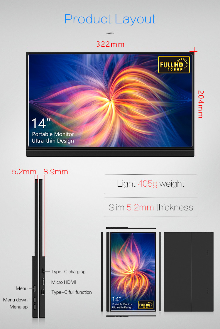 Micro USB Port Ultra Light 14" Portable Extended Monitor For Smartphone