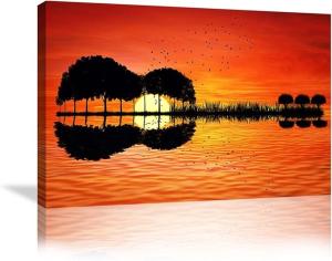 China Modern Abstract Guitar Tree Lake Sunset Art Canvas Painting With Wooden Frame factory