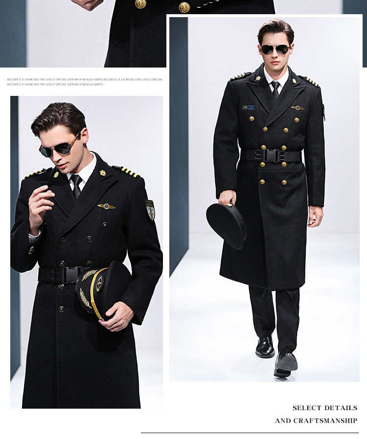 Property Security Work Uniform 100% Cotton Aviation Captain Black Woolen Coat for Men