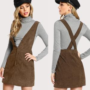 China Autumn Design Crisscross Buttoned Plunge Pinafore Corduroy Dress factory