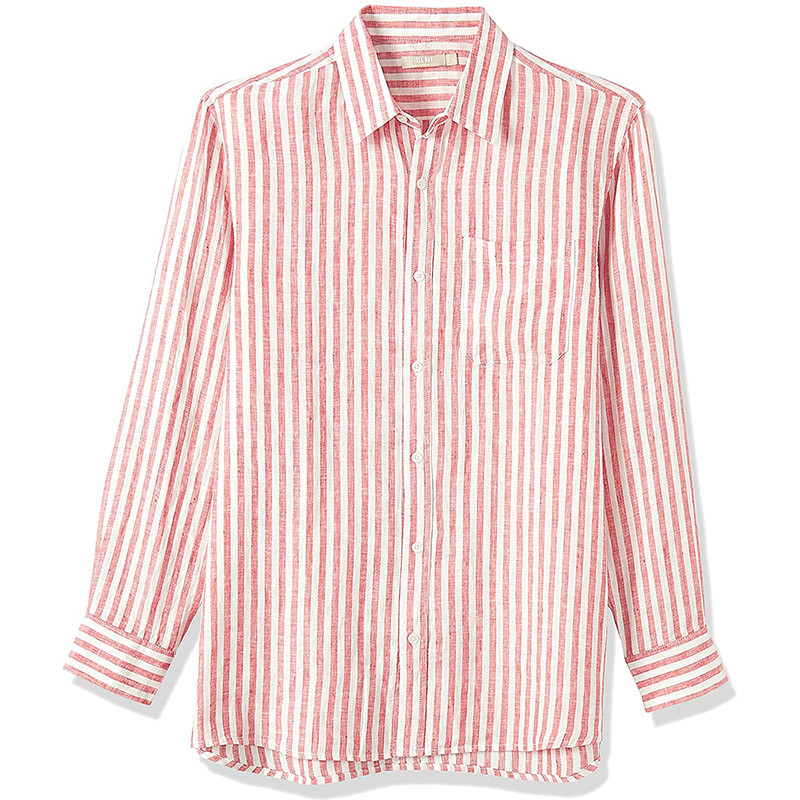 Stripe Red S M L Mens Casual Linen Shirts Open Neck Button Closure