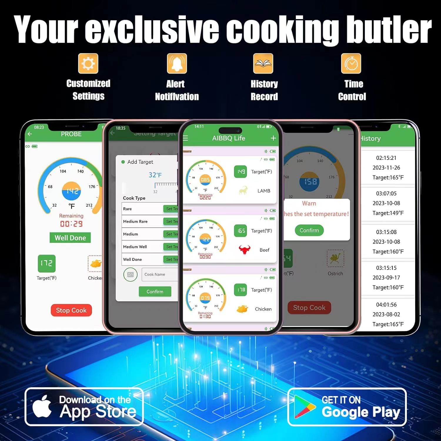 Long distance 150m Remote Smart Bbq Thermometer Instant Read Digital Bluetooth 5.0 Wireless Meat Thermometer 10 Modes Meat Thermometer