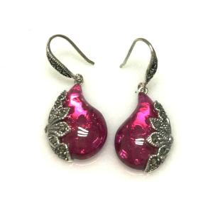 China Sterling Silver Marcasite Earrings Pink Cubic Zircon Retro Jewelry (JA1729PINK) factory