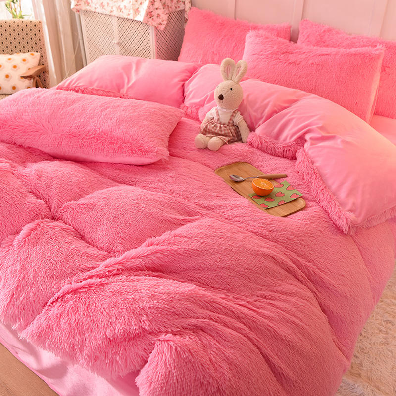 4 Piece Multi Color Bedding Sheet Set for Kids Girl's Room in Fur Velvet Fluffy Plush