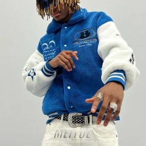 Custom Logo Sherpa Varsity Jacket Button Up Wool Fleece Bomber Jacket Mens