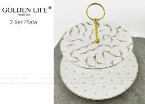China Modern Pattern Ceramic Fruit Plates Cake Banquet Pastry Tray Gold Color Metal Stand factory