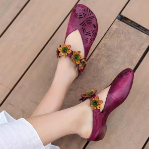 China S004 2020 spring and summer new leather hollow flower velcro women's shoes round toe ethnic style handmade single shoes factory