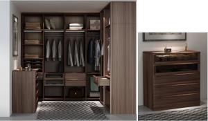 China Custom Furniture Walnut wood Built Walk in Wardrobe Closet with Cloth display racks and Storage Cabinets factory
