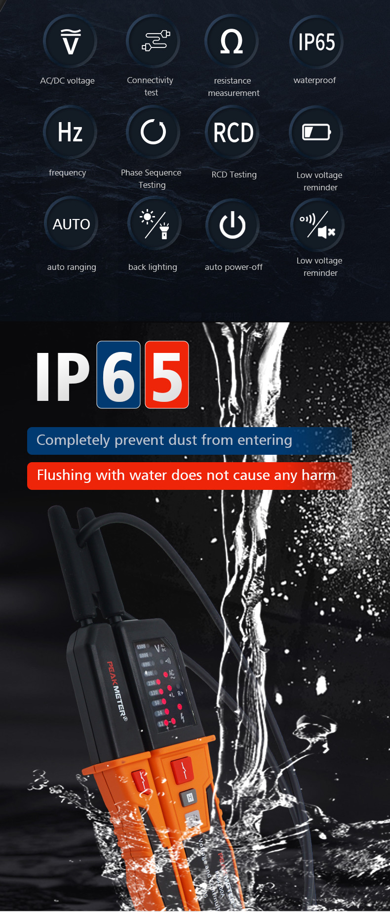 Auto-Range IP65 Waterproof Multifunction Voltage Detector for Industrial Applications