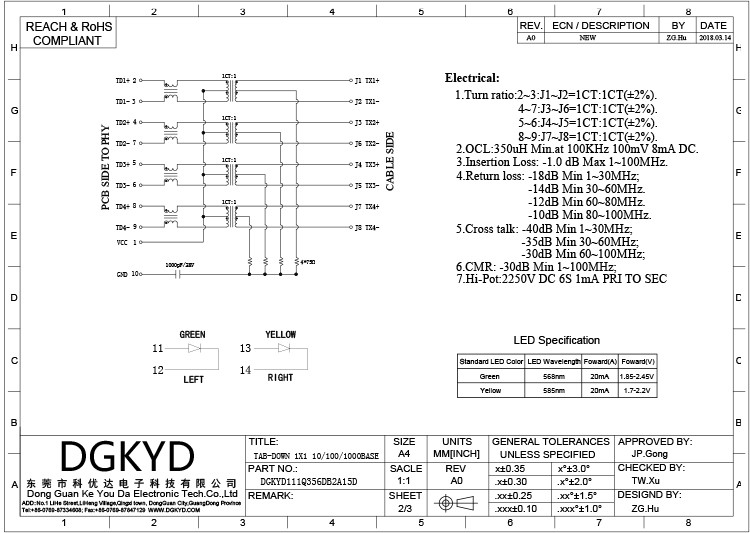 8P10C Single Port RJ45 Connector With Integrated Transformer