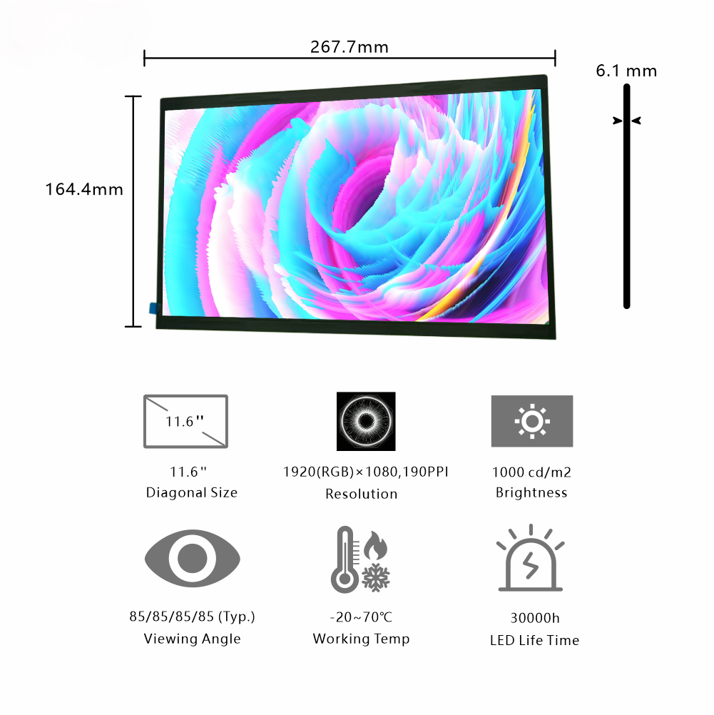 China 11.6-Inch Large FHD Industrial Display | 1920×1080 Resolution, EDP Interface, 1000cd/m² High Brightness for High-Light Workshops &amp; Precision Equipment factory