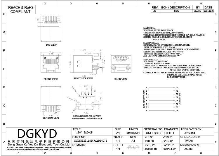 DGKYD52T1188GWA1DB4078 Ethernet Socket 8P8C Connector Horizontal 180° Interface No Light Strip Shield