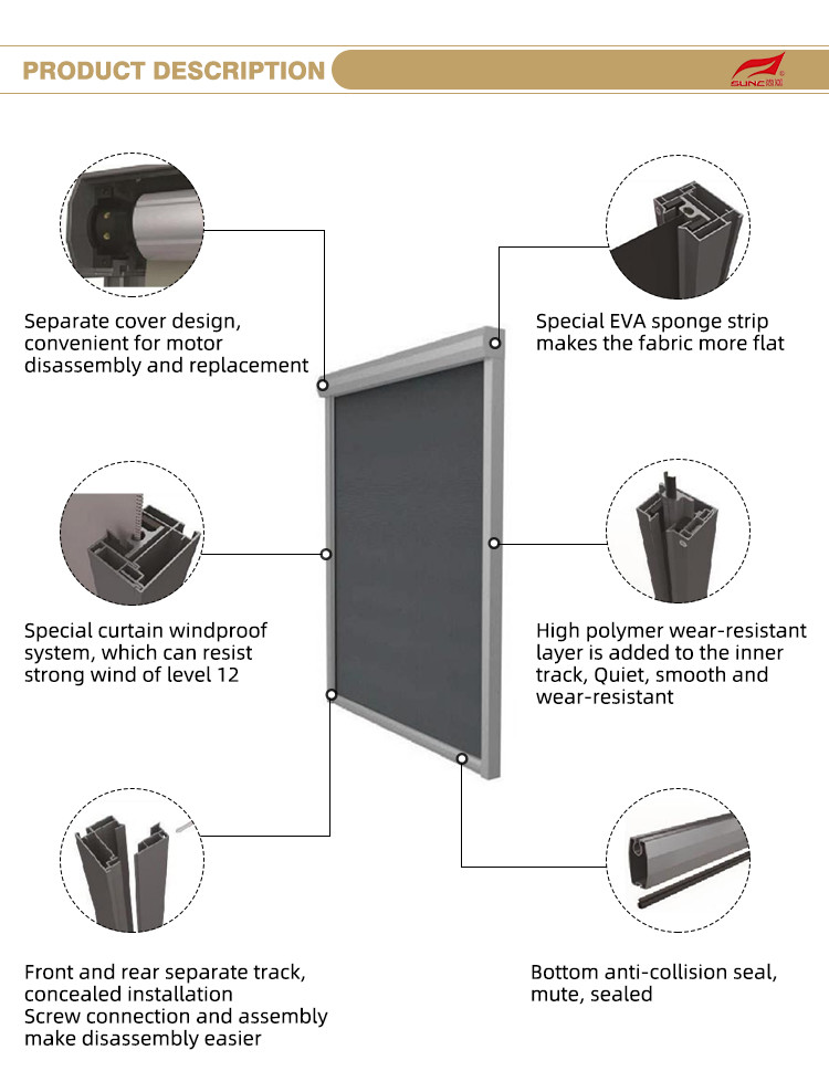 Aluminium Alloy Waterproof Motorized Zip Track Blinds For Outdoor Pergola