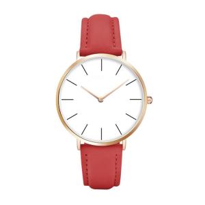 China Ultra Thin Case Womens Fashion Watch PVD Plated With Genuine Leather Strap factory
