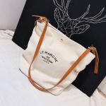 Supermarket Custom Logo Cotton Canvas Tote Shoulder Bags with Brown Leather