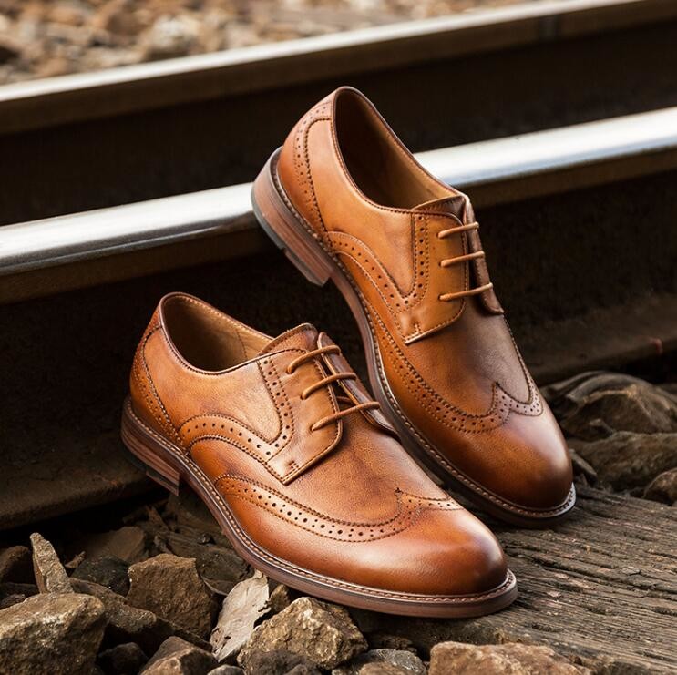 Retro Vintage Mens Leather Dress Shoes Brown Oxfords Zip Lace Up Brogue Shoes
