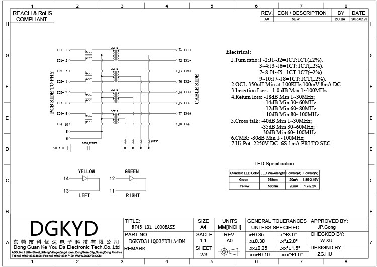 DGKYD311Q032DB1A4DN Tab Up 1000 Base-T 8P10C Ethernet Modules Integrated Magnetic