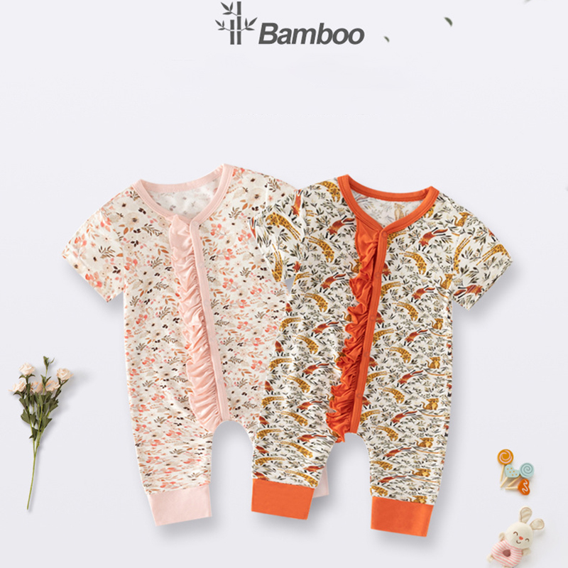 Factory Price bamboo Fabric baby rompers printed pajamas baby zipper snap rompers for summer