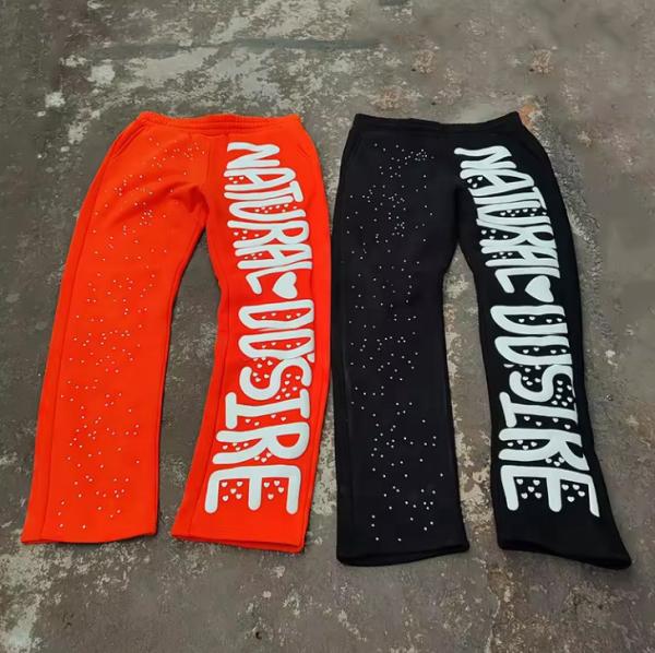 Custom Rhinestone Puff Print Sweat Pants Joggers Vintage Acid Wash Flared