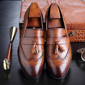China Round Toe Mens Leather Penny Loafers Tasseled Vamps Mens Brown Leather Shoes factory