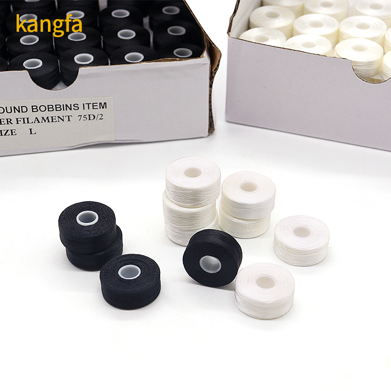 144pcs/Box White/Black 75D/2 100% Polyester Pre-wound Bobbins Threads L Type Side Less