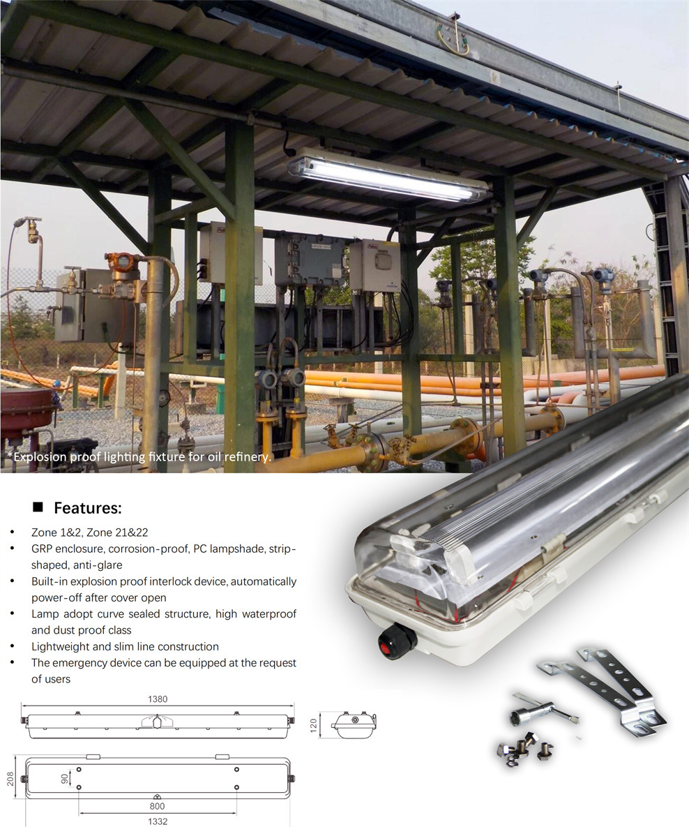 2*36W Explosion Proof Fluorescent Light IP66 WF2 Protection Level IECEx Approved For Zone1 2 Zone21 22 Hazardous Environment