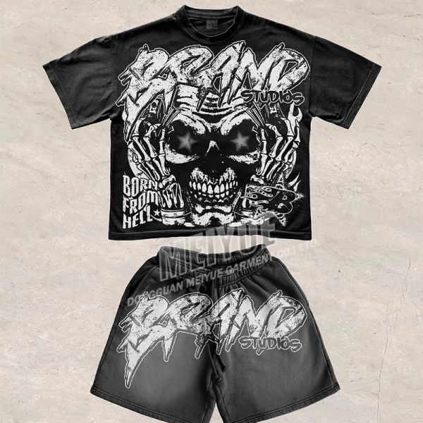 Boxy Dtg Crack Screen Print T Shirt And Shorts Set Acid Wash Two Piece Short Set