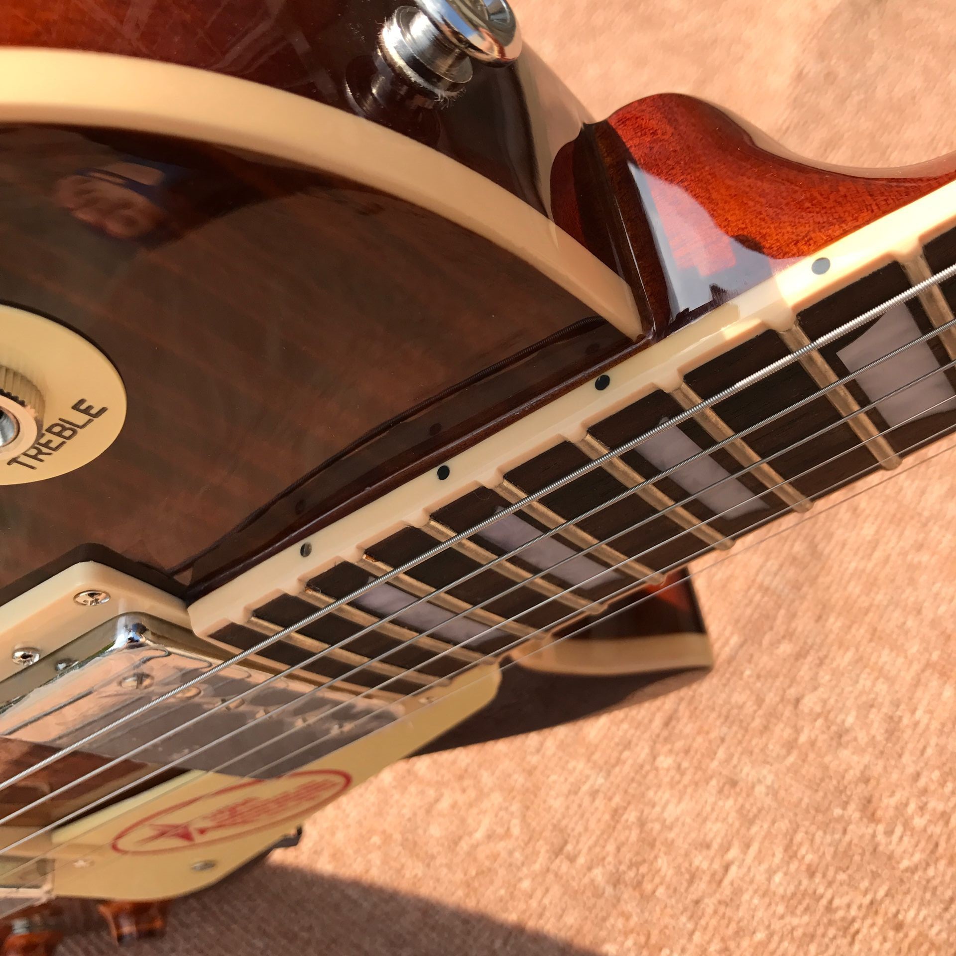 One piece Neck one piece body electric guitar, Upgrade Tune-o-Matic bridge guitar Tiger Flame standard guitar in sunburs