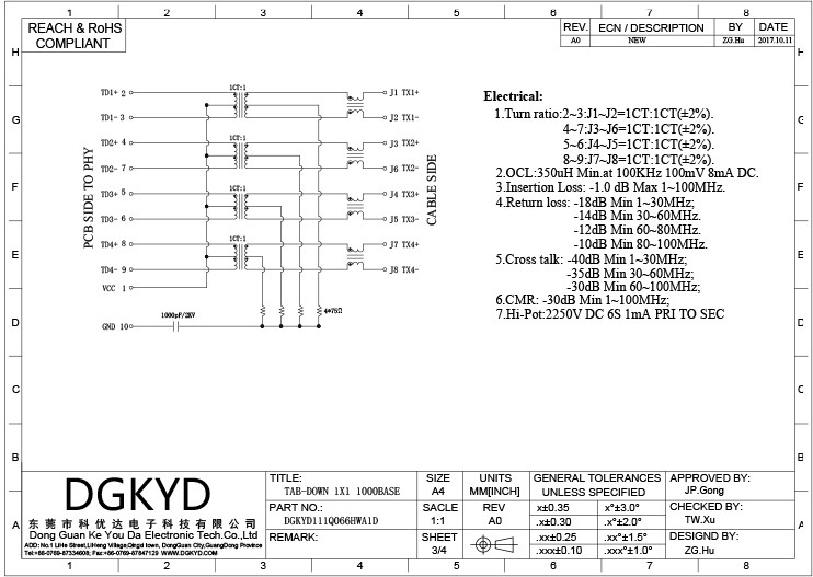 DGKYD111Q066HWA1D Gigabit Integrated Filter RJ45 Network Connector Lightless 10PIN