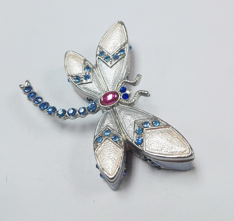 Trinket jewelry box, dargonfly diamond decoration pink pewter jewelry box
