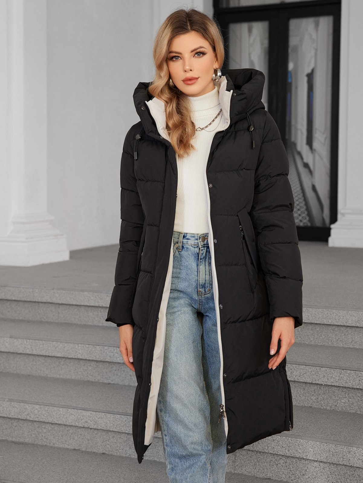 Classic Contrast Color Medium Length Thickened Down / Cotton Jacket, lower knees length, water proof, windproof black women coat, ,