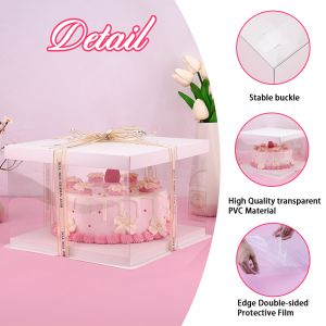 Clear Cake Box with Ribbon, 2-Layer Tall Cake Packaging Boxes 8x8x9 Inch, PET