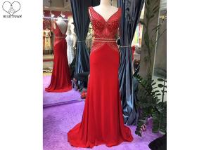 China V Neck Red Lace Mermaid Prom Dress Sleeveless Sweep Train Beading Open Back factory