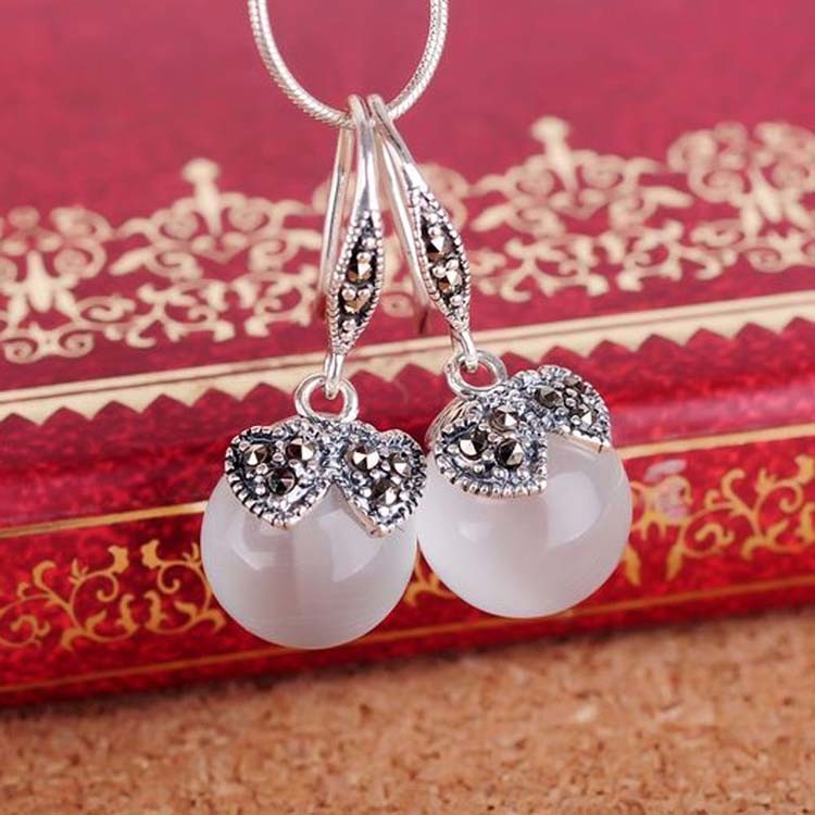 Sterling Silver White Moon Stone with Marcasite Dangle Hoop Earrings(E12032WHITE)