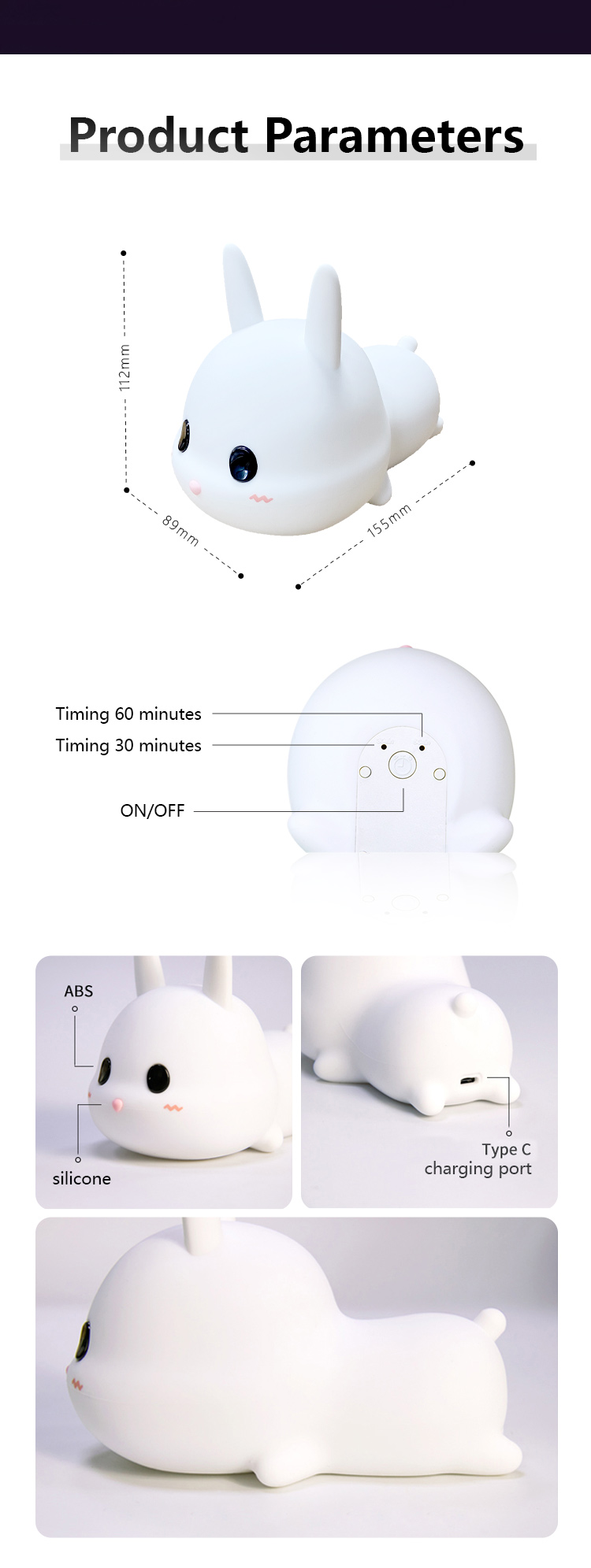 Creative Rabbit Silicone LED Night Light Colorful Changeable Light for Kids