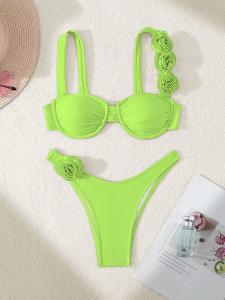 China Striped Floral Ruched Halter Design Bikini Swimsuit for Beach and Vacation factory