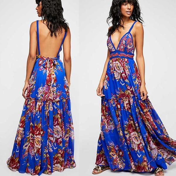 2018 Summer Women Sexy Maxi Dress Backless Fashion Casual Beautiful Kaftan Dress