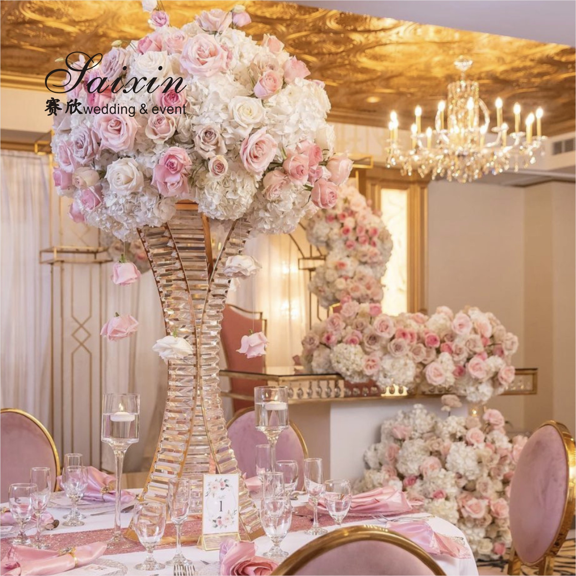 Wedding Crystal Flower Stand Centerpiece With Mirror Flower Holder 150cm