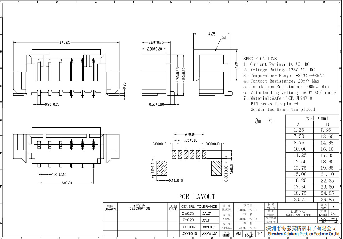 90 Degree Wafer Box Connector Right Angle 1.25mm Vertical SMT