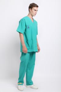 China 125 GSM Men Nurse V Neck Green Plain Woven Medical Uniform Suit factory