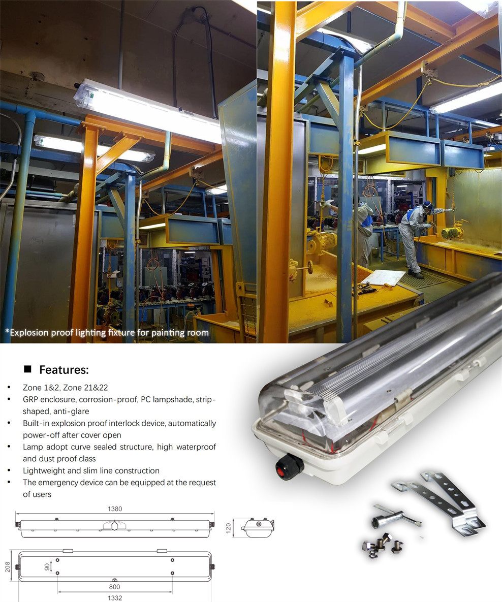 2*54W Anti Explosive Fluorescent Light ATEX IECEx Certificated Waterproof WF2 100lm/w Luminous Efficiency Ceiling Mounting For Zone 21 22 1 2