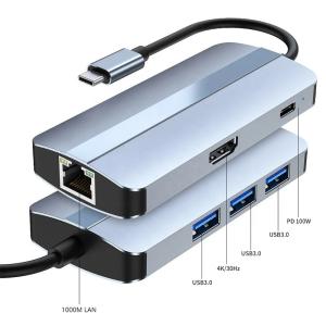 6 In 1 USB A Hub 4K HDMI USB3.0 RJ45 1000Mbps PD Charging Adapter