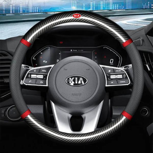 Kia Series Leather Steering Wheel Black Round Top Flat Bottom With Gloss Carbon