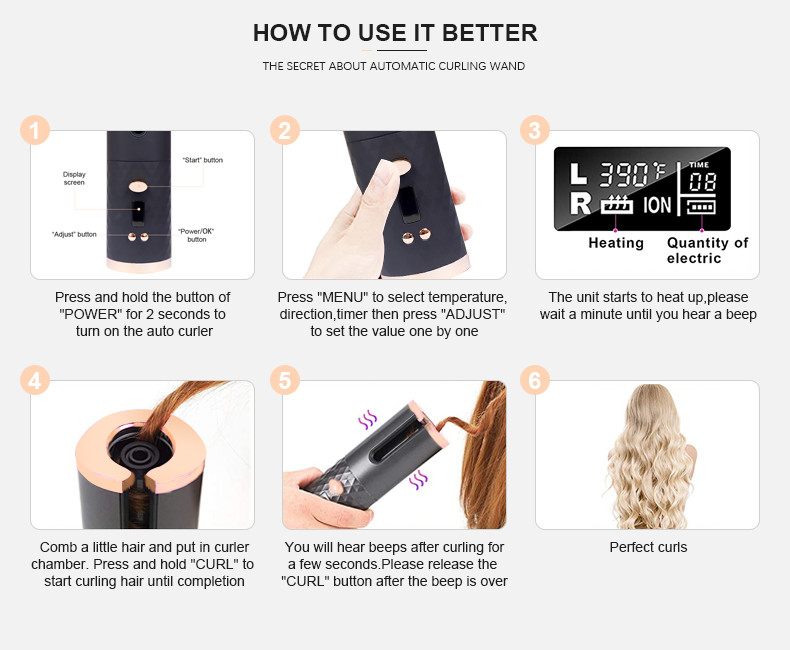 Mestar 5000mAh Auto Rotating Cordless Ceramic Hair Curler Fast Heating