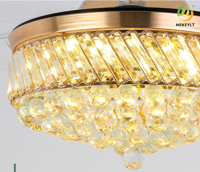 Modern Luxury Invisible Crystal Ceiling Fan Light 42 Inch 4 Fan Blades For Dining Room