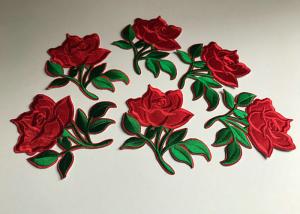 China Flower Embroidered Iron On Appliques , Large Red Rose Floral Patches For Clothes factory