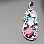 925 Silver Jewelry Oval Mix Blue Red Cubic Zircon Three Stones Pendant Necklace