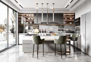 China Modern Kitchen Cabinet With Acrylic Lacquer / PVC Membrane Plywood Door Panel factory