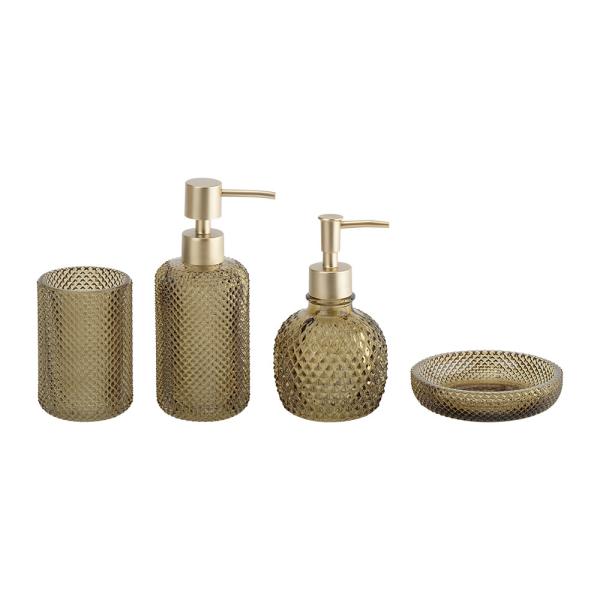 Glass bathroom accessories set green color round shape with small dot hand wash